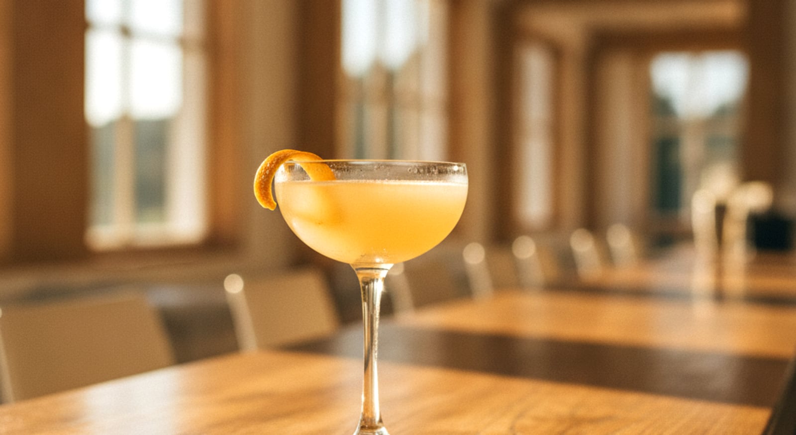 A single elegant cocktail in a coupe glass on a sunlit timber bar top, warm natural daylight, a citrus twist.